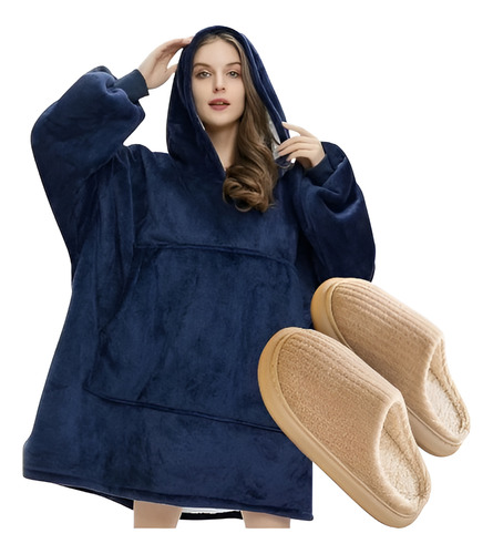 Maxipoleron Sudadera Con Capucha Para Mujer De Polar Sherpa + Pantuflas Suave Calienta Rapido Invierno Regalo Mama Dia De Las Madre Manta De Sherpa