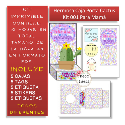 Imagen 3 de 4 de Kit Imprimible 01 Portamacetas Dia De La Madre Cactus + Tag