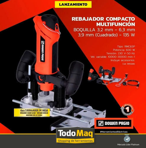Imagen 5 de 10 de Rebajador Fresador Compacto 600w Dowen Pagio Multifuncion