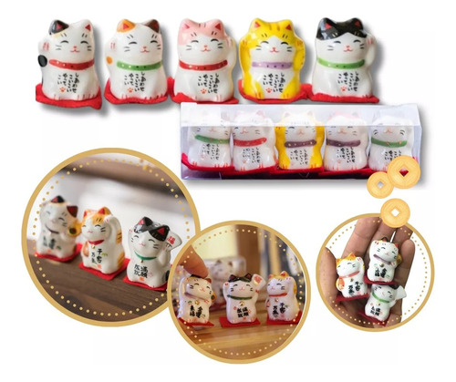 5 Mini Gatitos De La Suerte Y Fortuna Deco Ceramica P/hogar