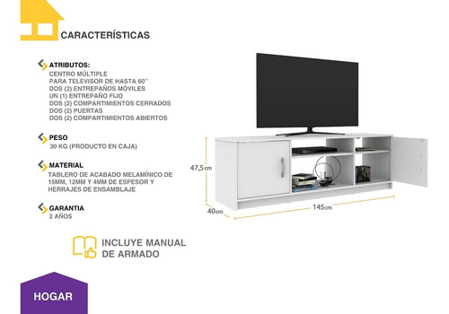 Imagen 3 de 7 de Mueble Casa Lista® Hogar - Centro Múltiple Tv 42