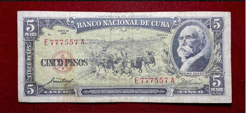 Billete 5 Pesos Cuba 1958 Pick 91 A Maximo Gomez Binumeral