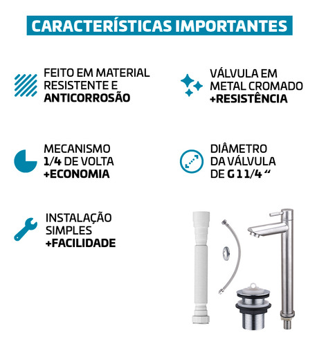 Kit Para Banheiro Torneira Bica Alta Aço Escovado + Válvula 1 1/4 Metal Cromada + Engate Flexivel + Sifão Beltempo