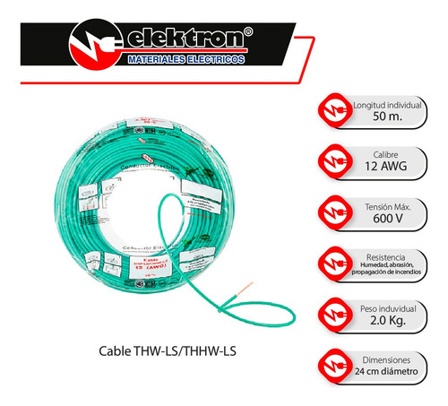Imagen 3 de 5 de Bolsa 50 Mts Cable Iusa Verde Thw Cal 12 Awg 100%cobre