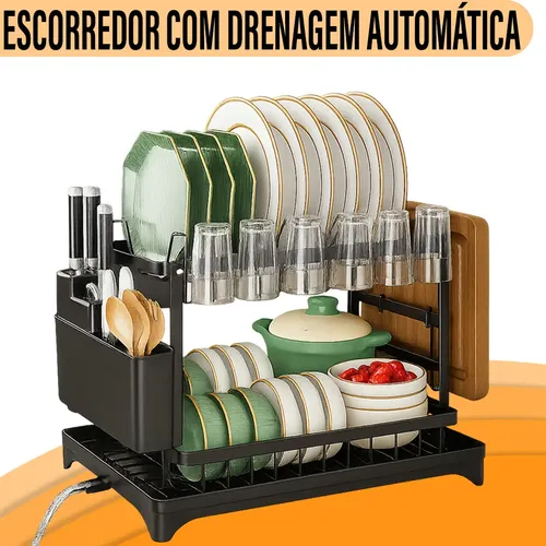 Yab - Escorredor De Louça Preto Organizador Dois Andares Com Bandeja Coletora Escoamento Para Pia Cozinha Gourmet Em Aço Com Porta Talheres Suporte Para Tábua Copos Pratos