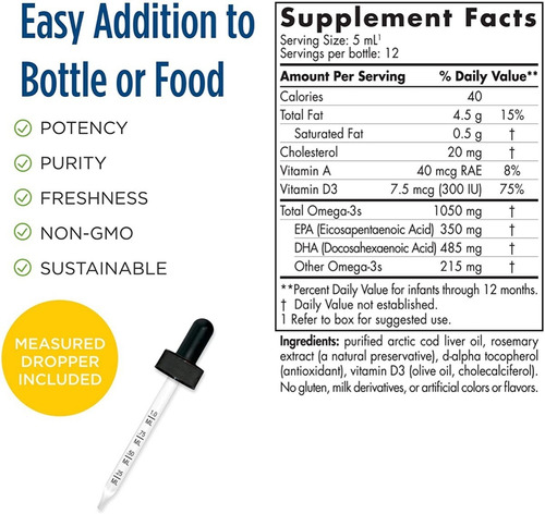 Nordic Naturals Baby's Dha, Sem Sabor - 1050 Mg Ômega-3 + 300 Ui De Vitamina D3 - Apoia O Desenvolvimento Do Cérebro, Da Visão E Do Sistema Nervoso Em Bebês Sem Sabor