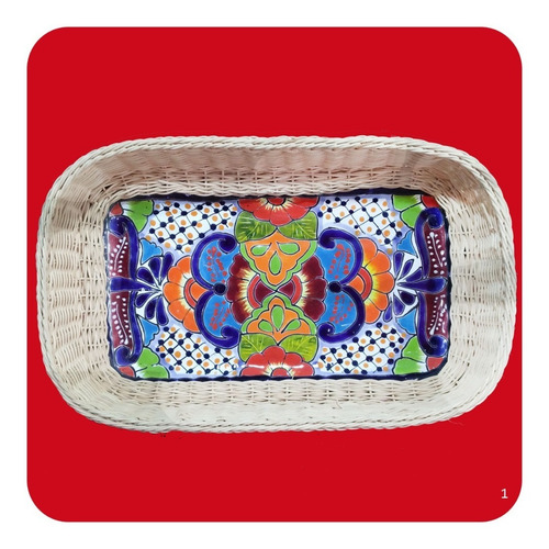 Imagen 2 de 3 de Charola Rectangular Cerámica Tipo Talavera C/ Mimbre M1 40cm