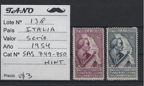 Lote138 Italia Serie Año 1954 Sassone#749/750 Mint