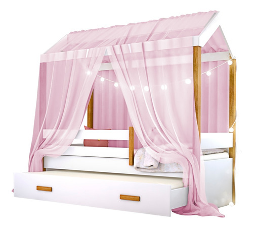 Bicama Montessori Exclusiv Solteiro Fio De Luz E Voal Rosa