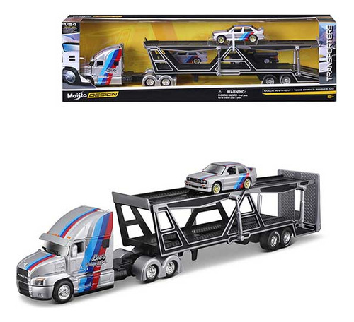 Caminhão Cegonha Mack Anthem bmw Series M3 1988 Maisto1/64 Cor Prata