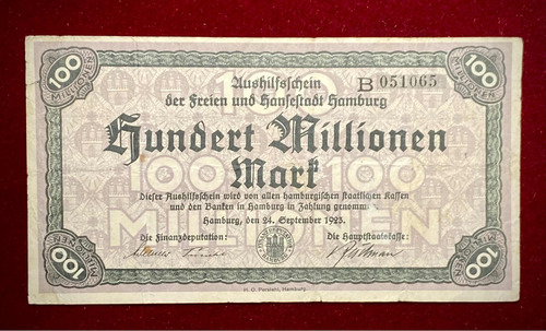 Billete 100 Millones Alemania Notgeld 1923 Kel 2109 Hamburgo (Usado)