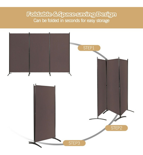 Biombo 3 Pzs 6 Ft Base De Acero Bisagras Marrón Gpl