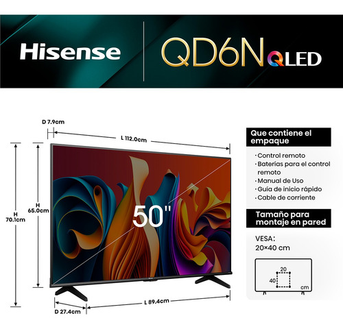 Pantalla 50 Hisense Qled Qd6n, Quantum Dot Color, Smart Tv