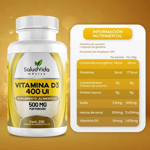 Imagen 2 de 3 de Vitamina D3 400iu 200 Cápsulas - Saludvida
