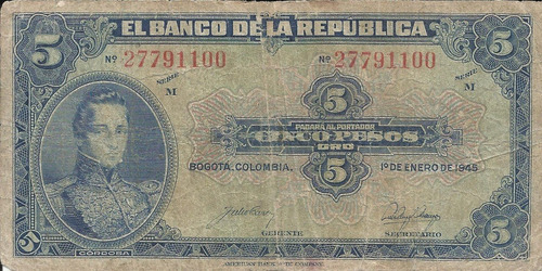Colombia 5 Pesos Oro 1 De Enero 1945