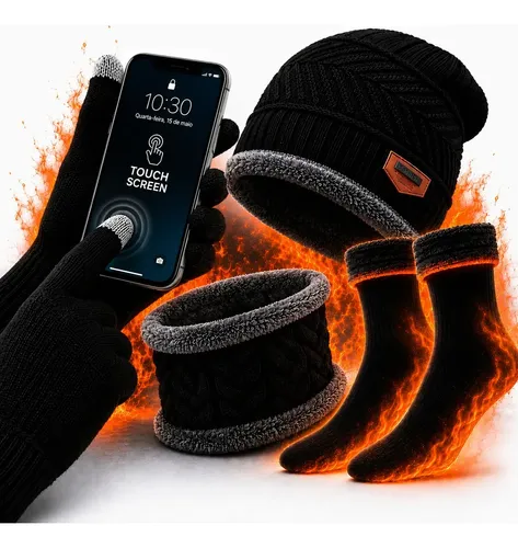 Kit De Frio Touca Gorro Luva Cachecol Meia Térmica Quente Preto Un Liso