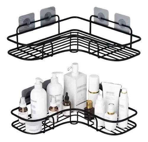 Kit 2 Porta Shampoo Sabonete Canto Banheiro VCs Preto Metal Adesivo