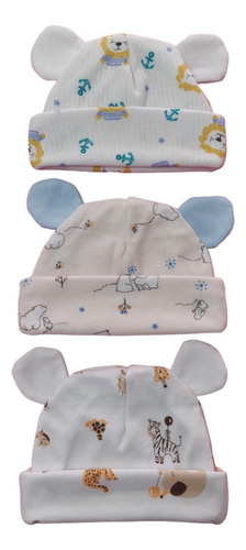 Gorros Para Bebés Algodón Orejas Oso Set X 3 Recién Nacido