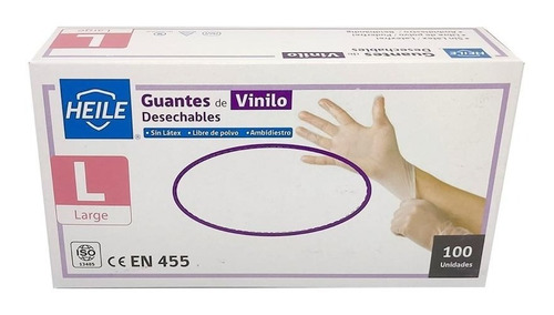 Imagen 2 de 3 de Guantes De Vinilo Caja 100 Unidades Desechable Tallas L