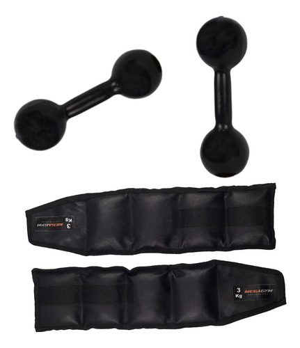 Kit Academia Caneleira 3kg + Par Halter Emborrachado 1kg Cor Preto