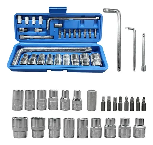 Kit Soquetes 27 Pcs Chave Catraca Ferramenta Manual Fixação Azul