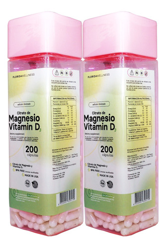 2 X Citrato De Magnesio + Vitamina D3 200 Cap Florida Welnes