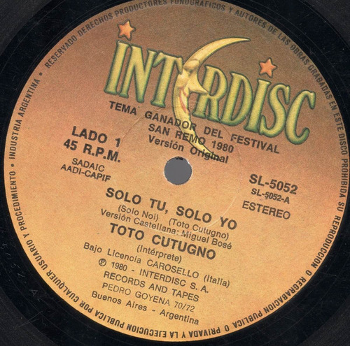 Toto Cutugno Simple Interdisc 1980 Solotu, Solo Yo  