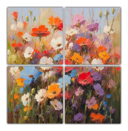 40x40cm Pintura En Lienzo De Flores Arcoíris Bastidor Mader