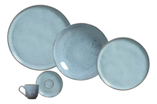 Aparelho De Jantar 30 Peças Porto Brasil Cerâmica Stoneware Azul Bio Breeze