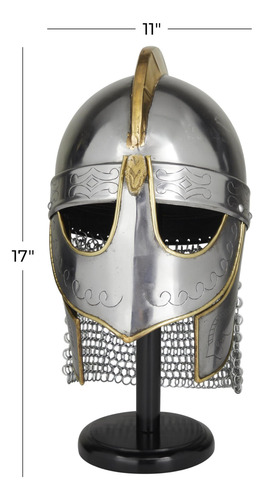 Casco Medieval De Metal Con Soporte De Madera Negro 23 X 28