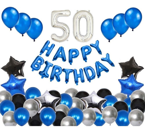 Combo Globos Feliz Cumple Happy Birthdat Azul Blanco Negro