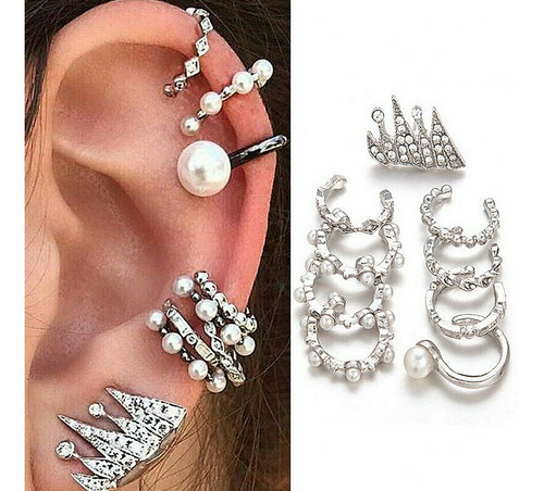 Zarcillo Solitario Ear Cuff Perla Corona Mujer Set 9 