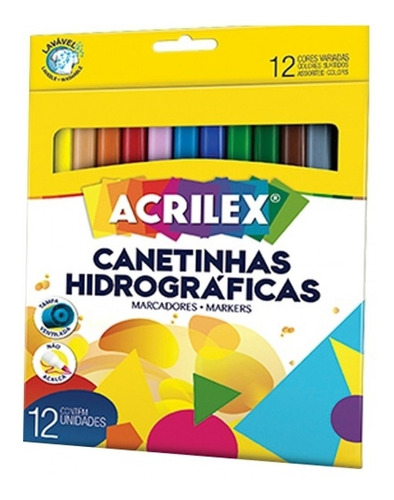 Canetinha Colorida Hidrográfica Lavável 12 Cores Acrilex