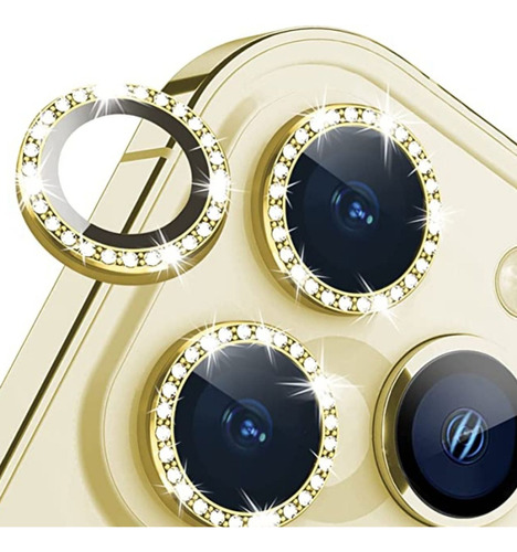 Película de cámara brillante con diamantes de imitación para iPhone 15 Pro/15 Pro Max, color dorado