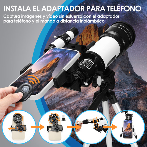Telescopio Astronómico Profesional 70/300mm 150x Remoto Bluetooth con Adaptador para Smartphone Nasjac Blanco