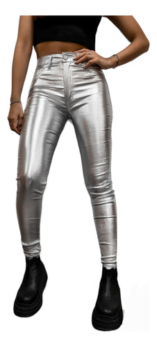 Pantalon Bengalina Elastizado Plateado Metalizado Chupin 