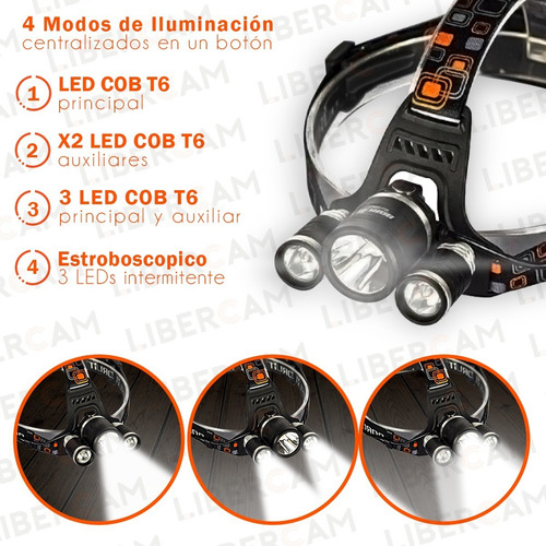 Imagen 7 de 10 de Linterna Minero Led Cabeza Vincha 3 Led Batería Recargable