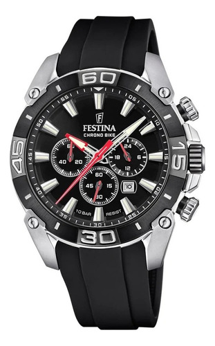 Reloj pulsera Festina Chrono Bike F20544/3 de cuerpo color plateado, analógico, para hombre, fondo negro, con correa de goma color negro, agujas color plateado, blanco y rojo, dial gris y blanco, subesferas color negro y gris, minutero/segundero blanco, bisel color negro y hebilla simple