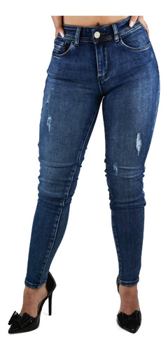 Jeans Pantalon Mezclilla Skinny Azul Rasgado Dama Pkb486