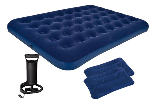 Colchon Inflable 2 Plazas Con Almohadas + Inflador Portátil Color Azul