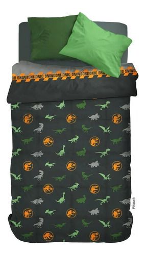 Kit Acolchado Flannel + Juego De Sabanas Piñata 1 1/2 Plaza Verde Dinosaurio