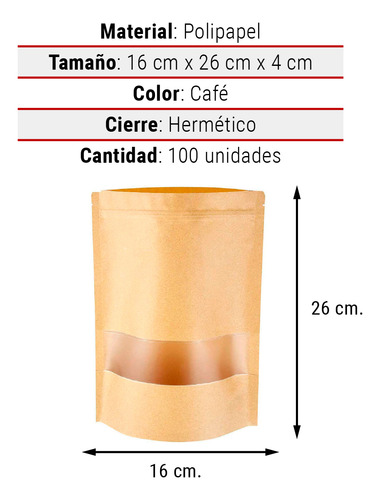 100 Bolsas Doypack Bolsas Resellables Papel Kraft 16x26 Cm