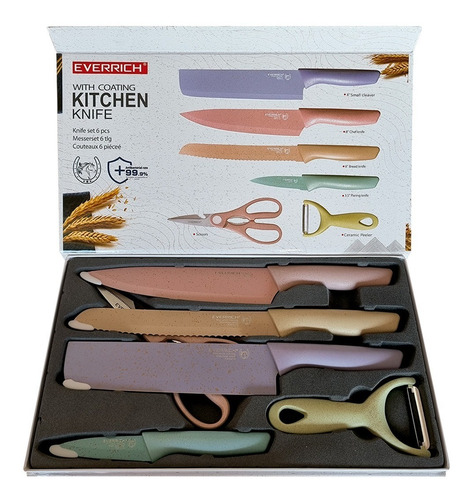 Imagen 2 de 7 de Cuchillos De Cocina Everrich Set Con Tijera Pelador Chef X4