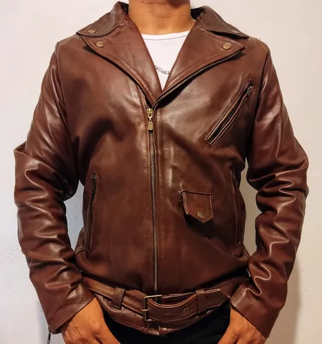 Chamarra Biker De Piel Para Hombre Chaqueta Cuero Café Slim