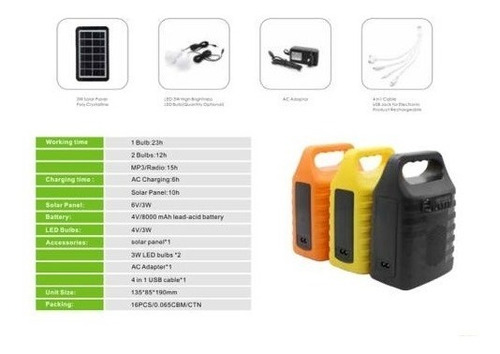 Imagen 4 de 5 de Radio Panel Solar Usb Fm Bluetooth Sd Batería 2 Bombillo 3w
