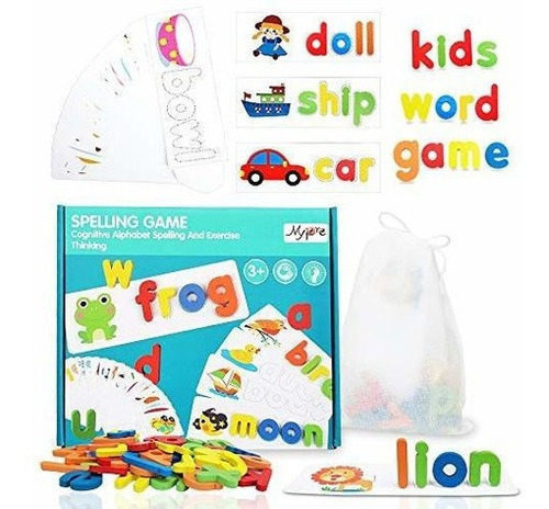 Alphabet Wooden Puzzles Wooden Letters and Card Board Matching Puzzle Game,52pcs Building block letters 28 Double Sided Word Cards Montessori Educational Toys Gift See & Spell Wooden Educational Toy
