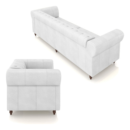 Conjunto 1 Sofá 240cm 2 Poltronas Chesterfield Couro Branco