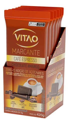 Chocolate Amargo Marcante Café Espresso Zero 6x70g Vitao