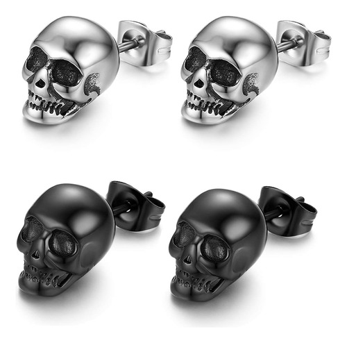 2 Pares De Pendientes De Calavera Punk De Acero Inoxidable, 