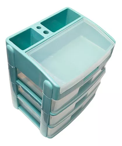 Organizador de plástico con 3 cajones, caja de almacenamiento de gabinete  de oficina, organizador de almacenamiento de cajones azules, 5.3 x 6.8 x 9